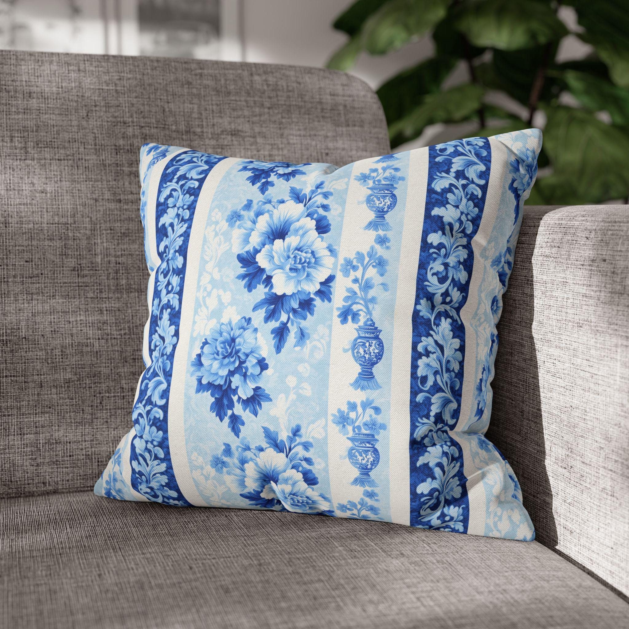 Elegant Chinoiserie Floral Pillowcase: Blue & White Striped French Country Home Decor Accent