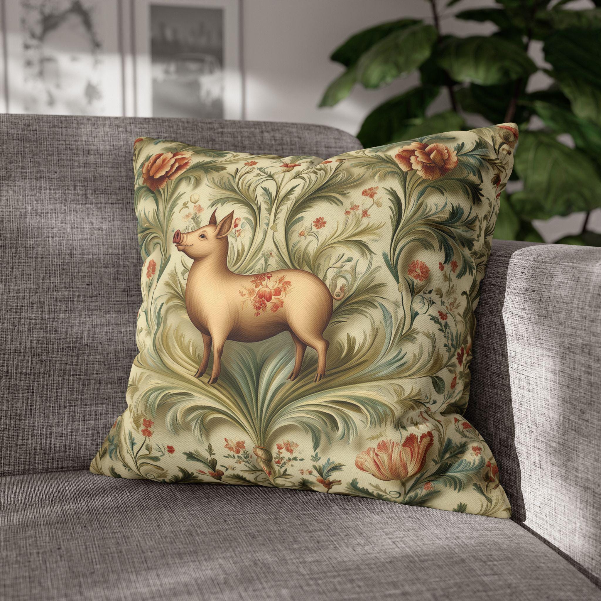 Vintage Style Proud Farm Pig Pillowcase: Botanical Floral Design for Rustic Farmhouse Decor