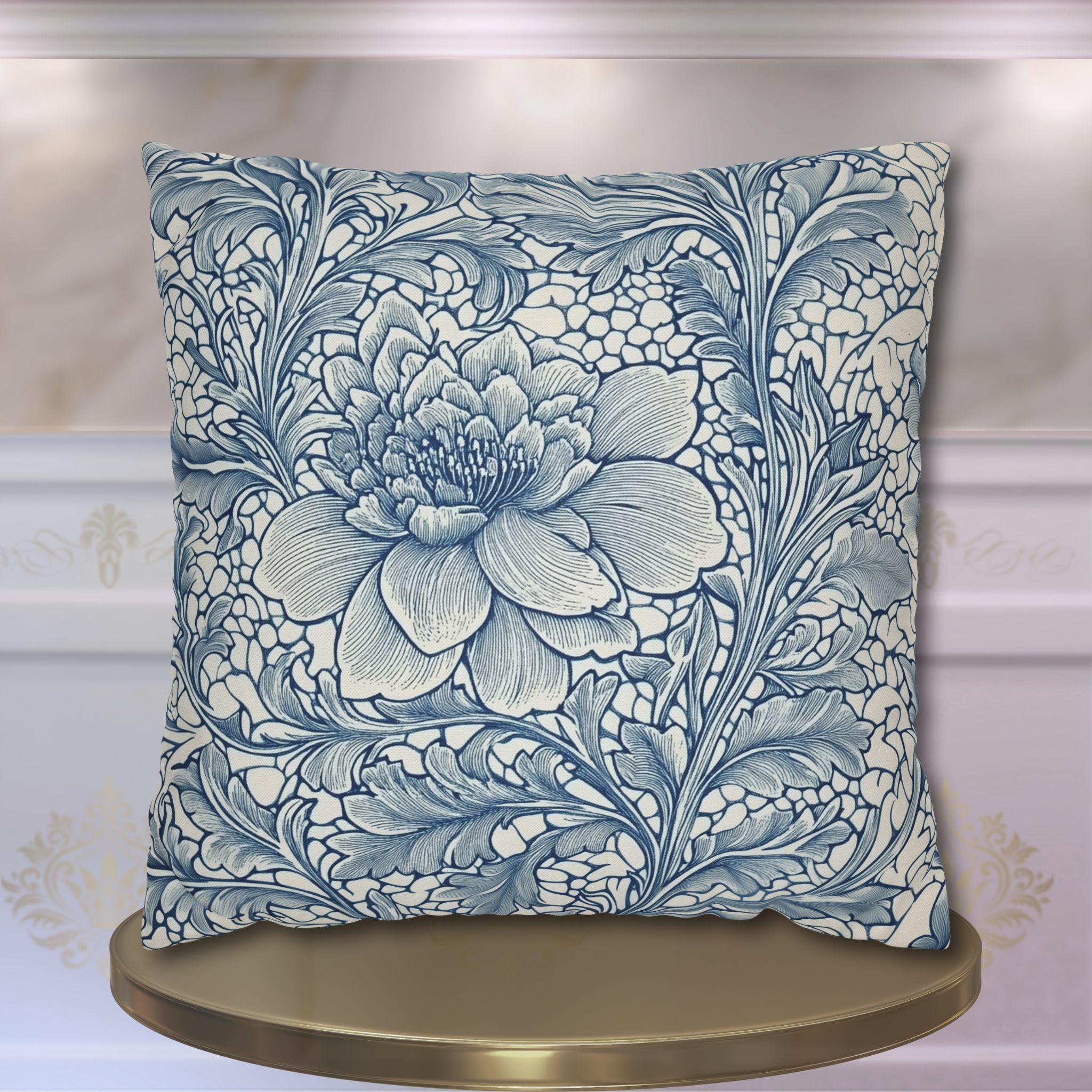 William Morris Inspired Blue Floral Pillow Cover: Vintage Botanical Home Decor Accent