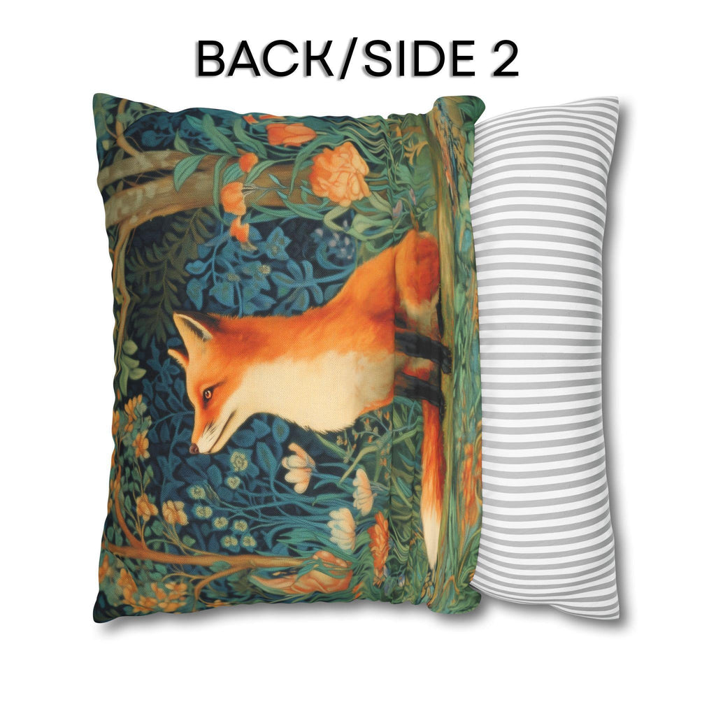 Morris-Inspired Red Fox Botanical Pillow Cover: Vintage Style Moody Woodland Blooms