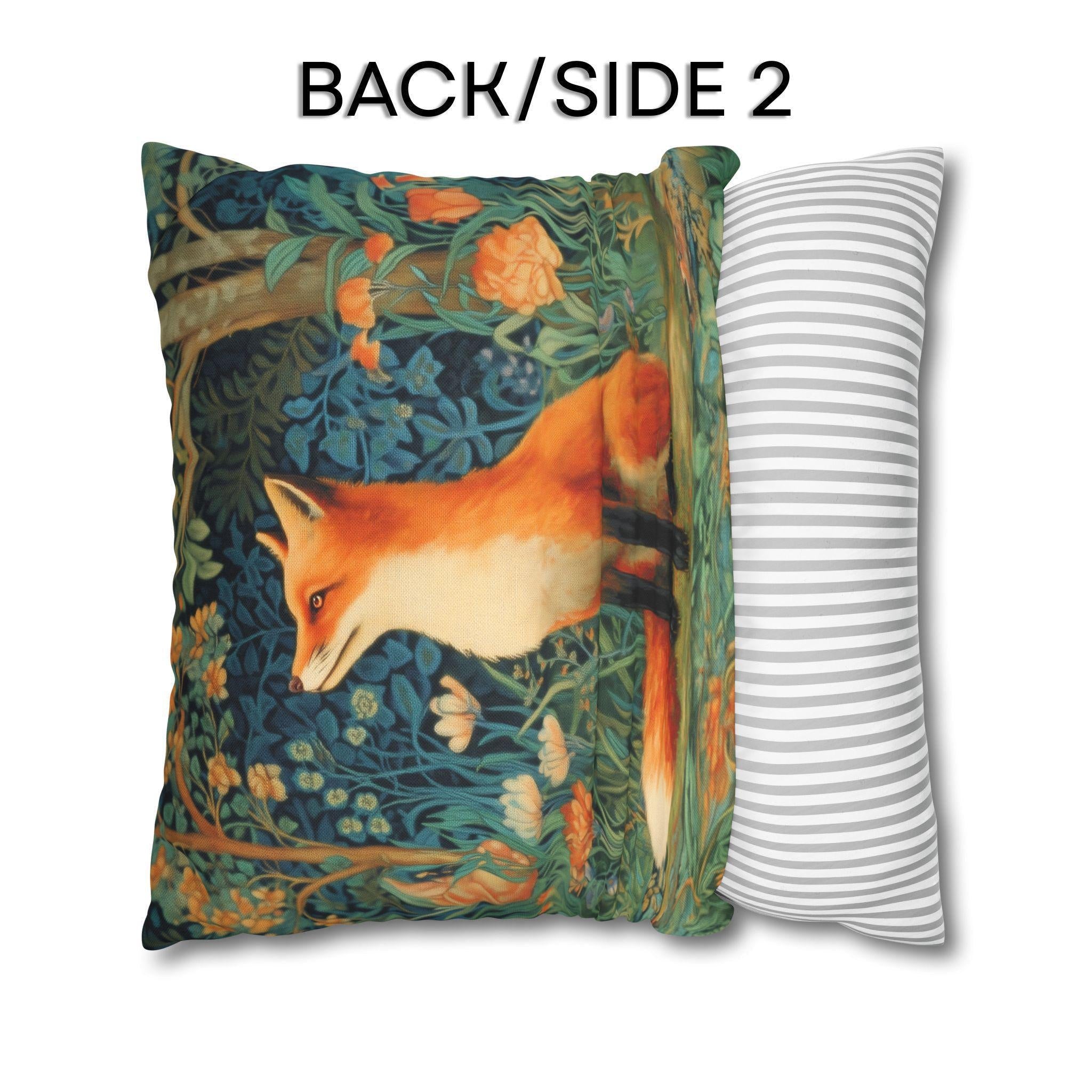 Morris-Inspired Red Fox Botanical Pillow Cover: Vintage Style Moody Woodland Blooms