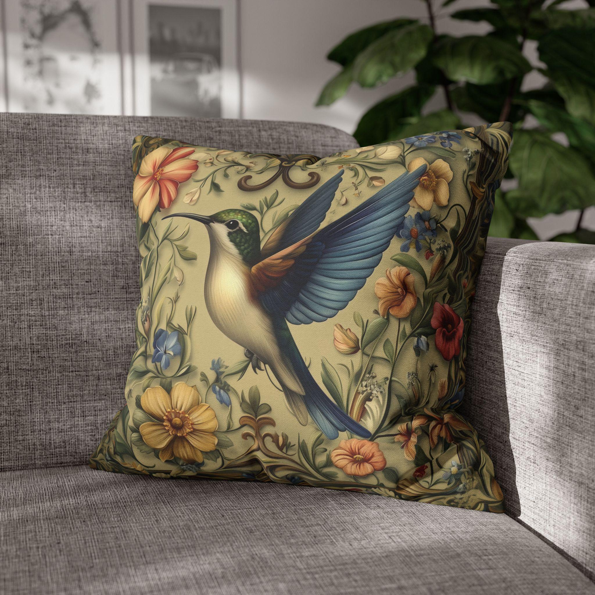 William Morris Inspired Hummingbird Garden Pillow Cover: Vintage Floral Aviary Cushion for Home Decor