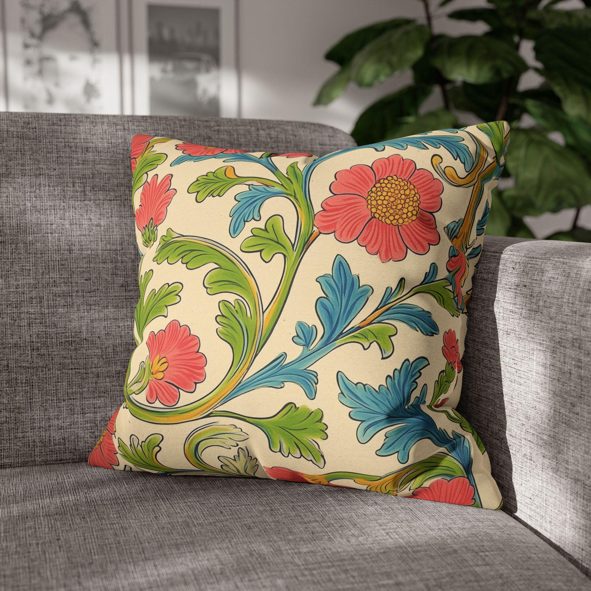 Arts and Crafts Floral Pillow Cover: William Morris Lodden-Inspired Design in Coral, Blue, Green