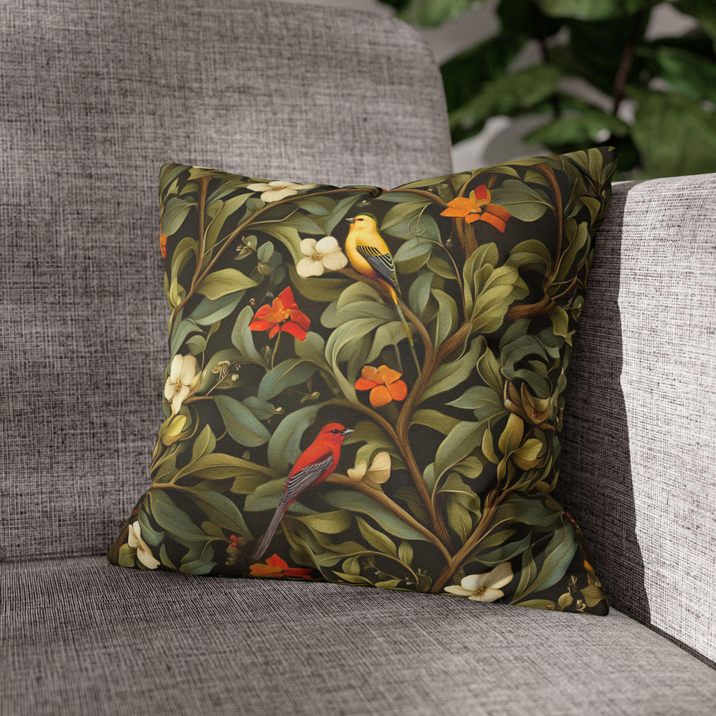 William Morris Inspired Autumn Songbird Pillow Cover: Olive and Pumpkin Arts & Crafts Heritage Design