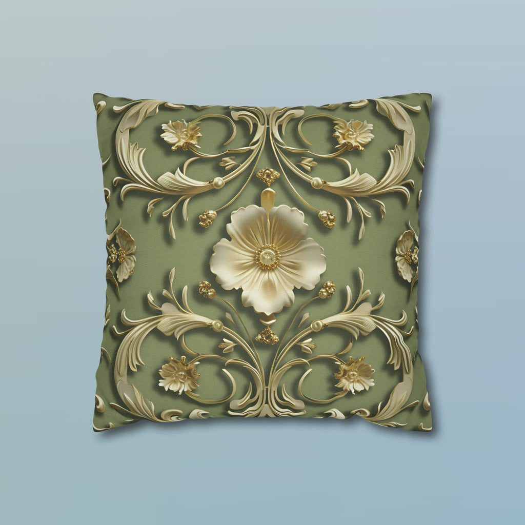 French Baroque Floral Pillow Cover: Sage Green & Gold Vintage Cushion
