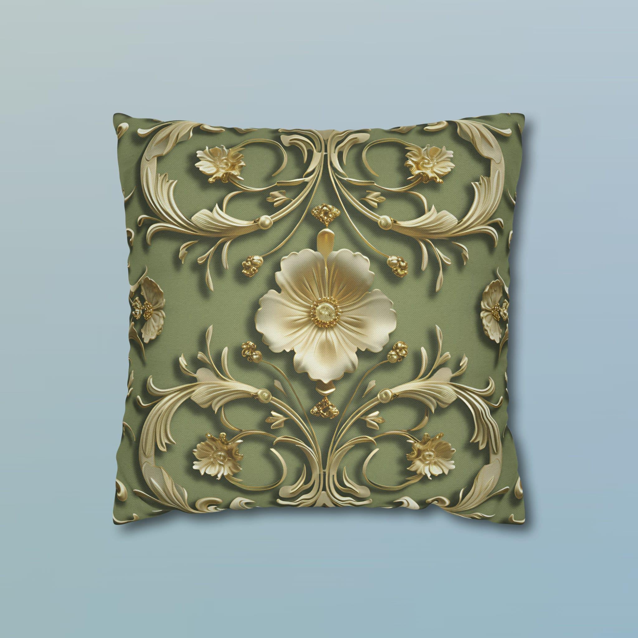 French Baroque Floral Pillow Cover: Sage Green & Gold Vintage Cushion