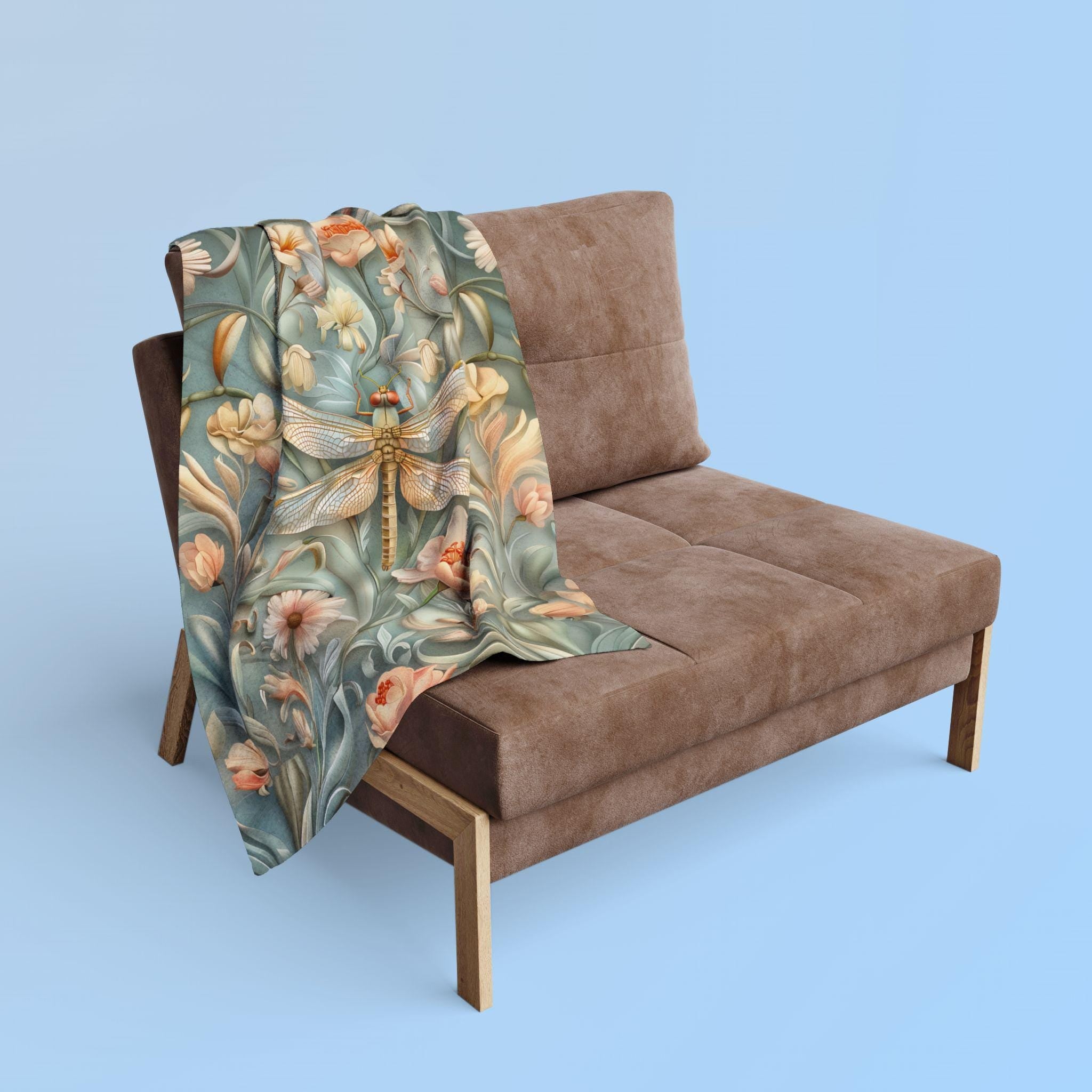 Luxurious William Morris Dragonfly Fleece Throw: Blue & Gold Wings, Pink Flowers, Elegant Nature Design