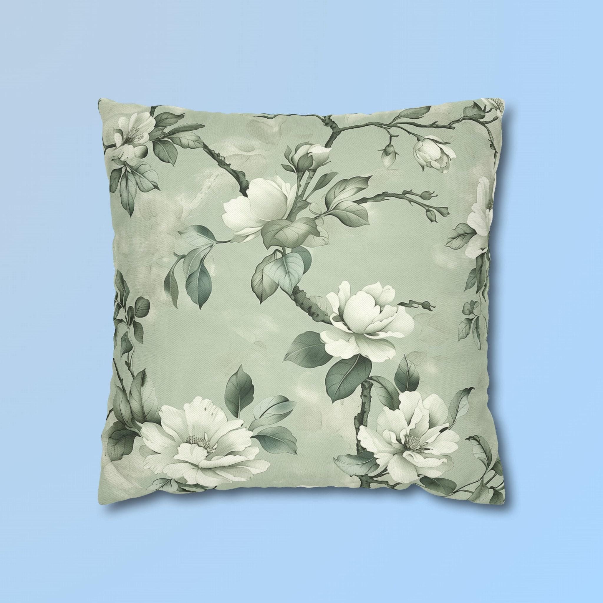 White Magnolia Pillow Cover: Soft Mint Green Floral Cushion