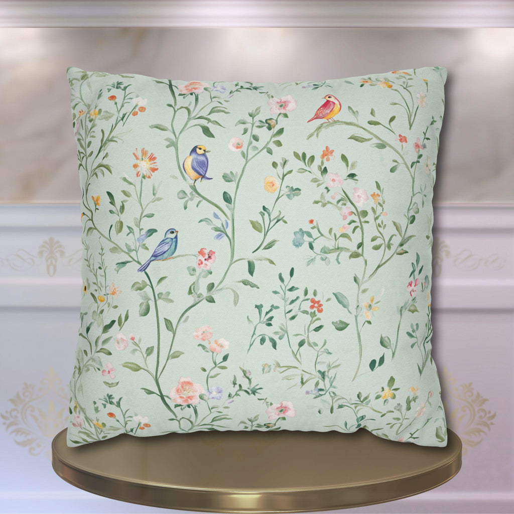 Chinoiserie Bird Cushion Cover: Mint Green Floral Pillow for Whimsical Garden-Inspired Home Decor