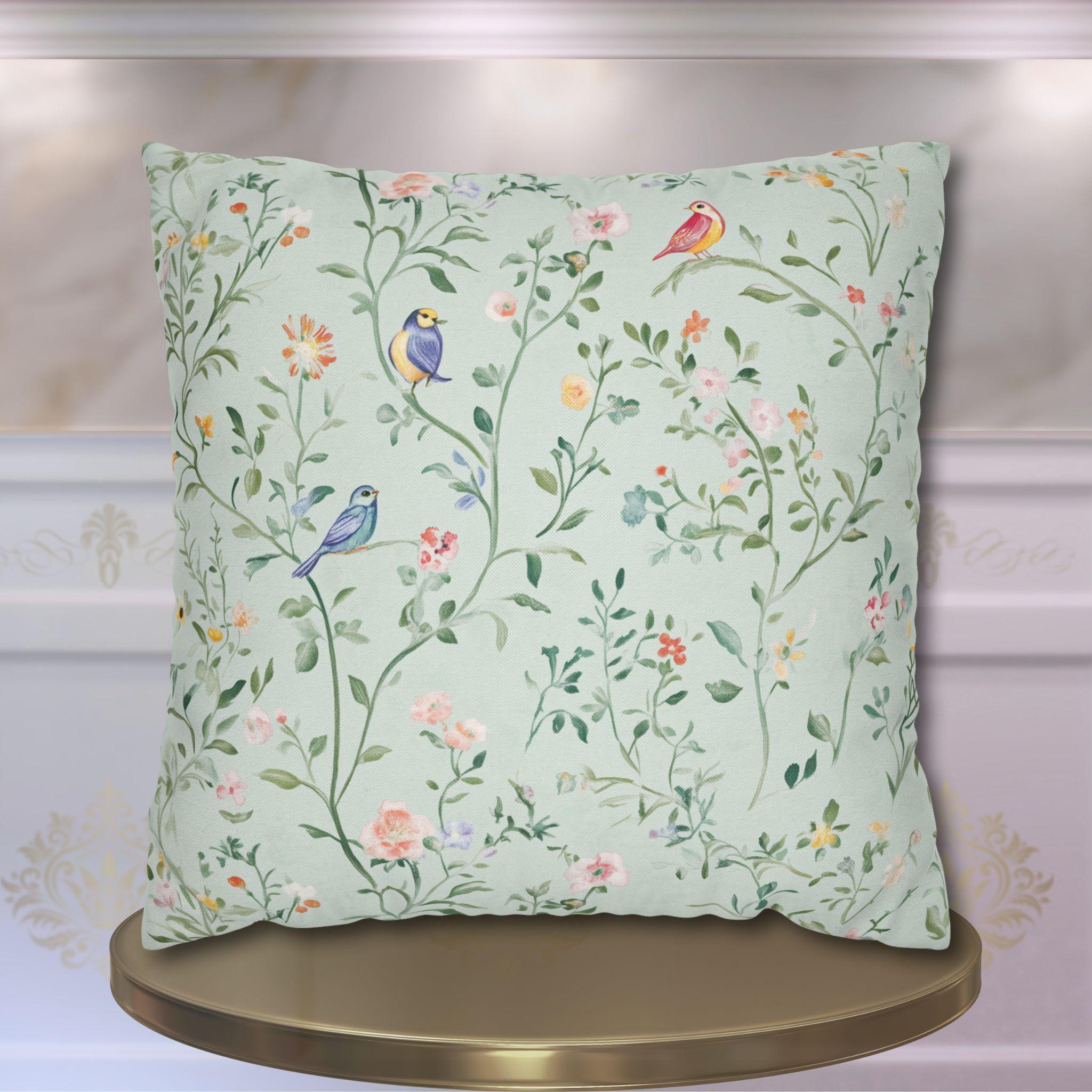 Chinoiserie Bird Cushion Cover: Mint Green Floral Pillow for Whimsical Garden-Inspired Home Decor