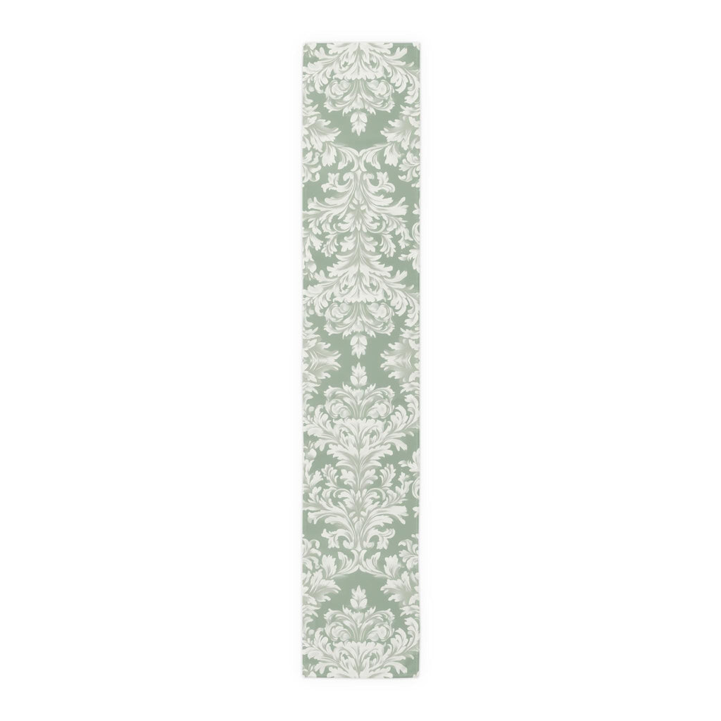 Elegant Muted Green Damask Table Runner: Timeless Floral Design for Weddings, Dining & Home Decor