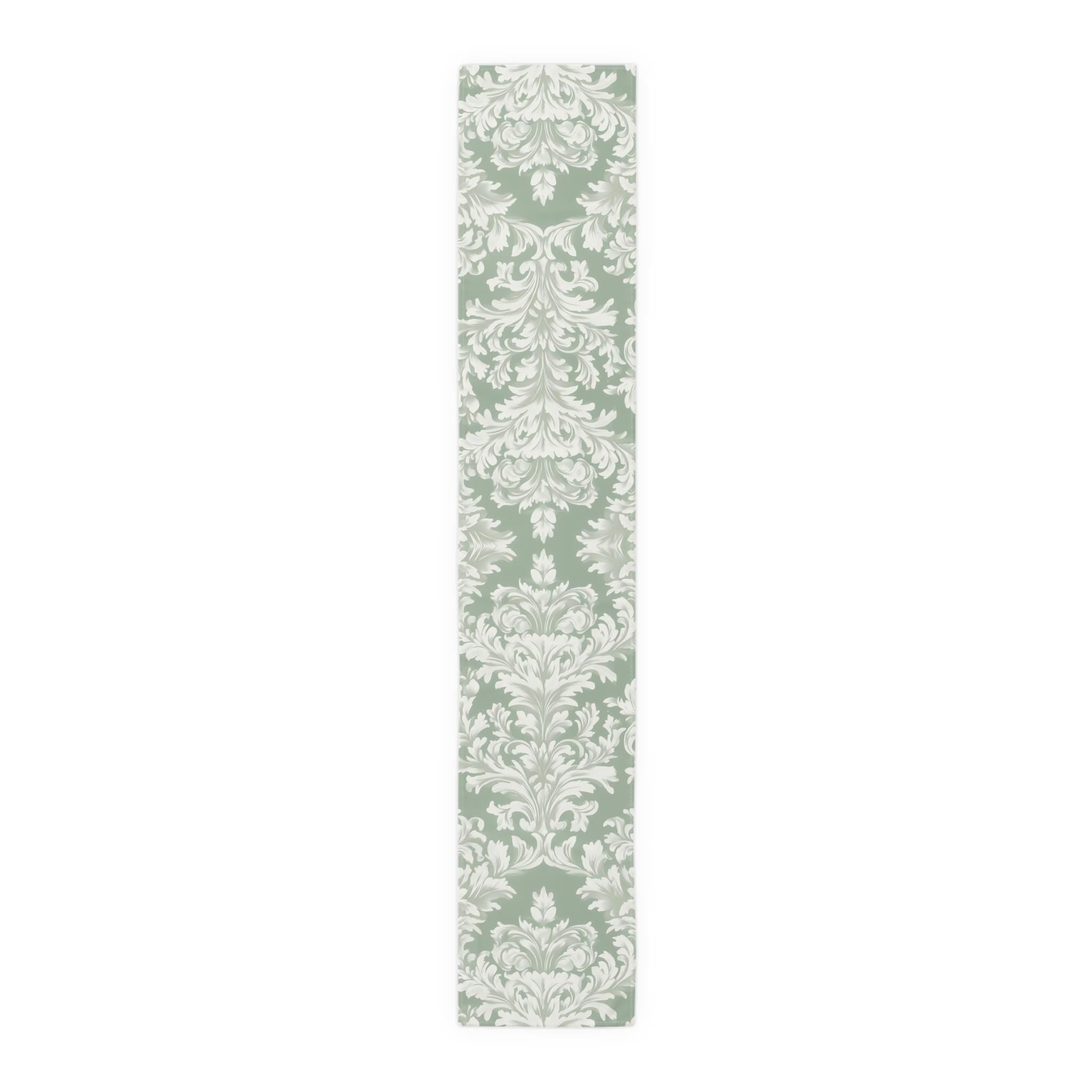 Elegant Muted Green Damask Table Runner: Timeless Floral Design for Weddings, Dining & Home Decor