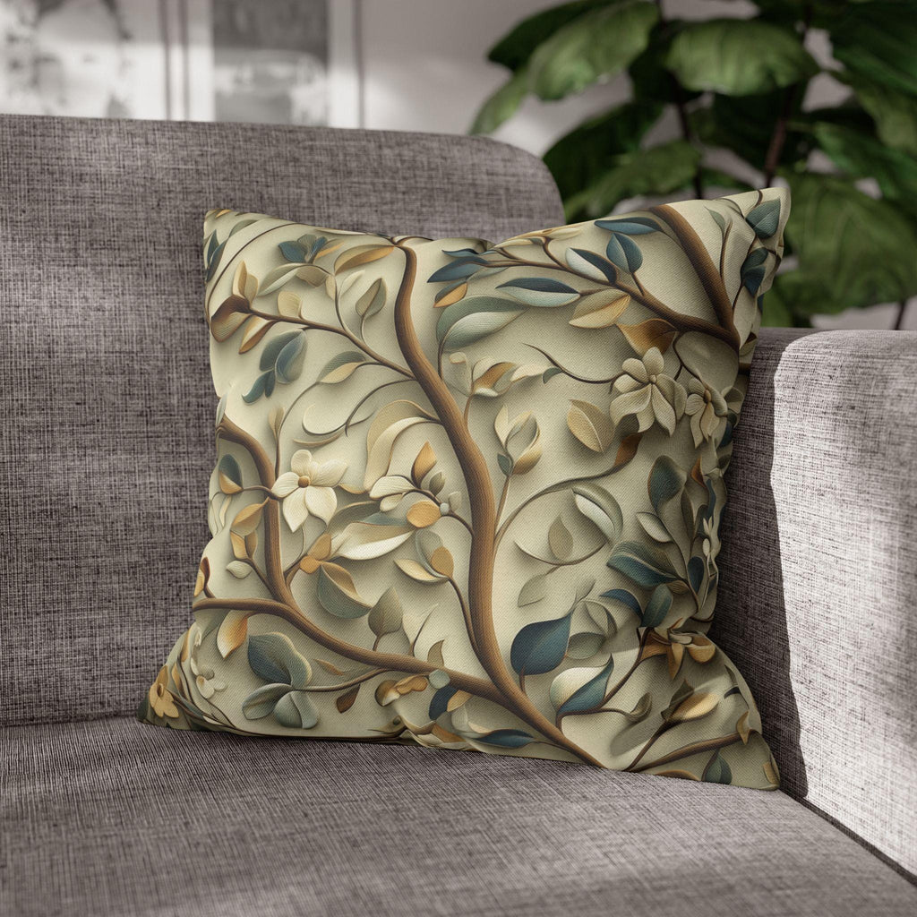Elegant William Morris Inspired Botanical Pillow Cover - Floral Cushion in Green, Gold, and Beige