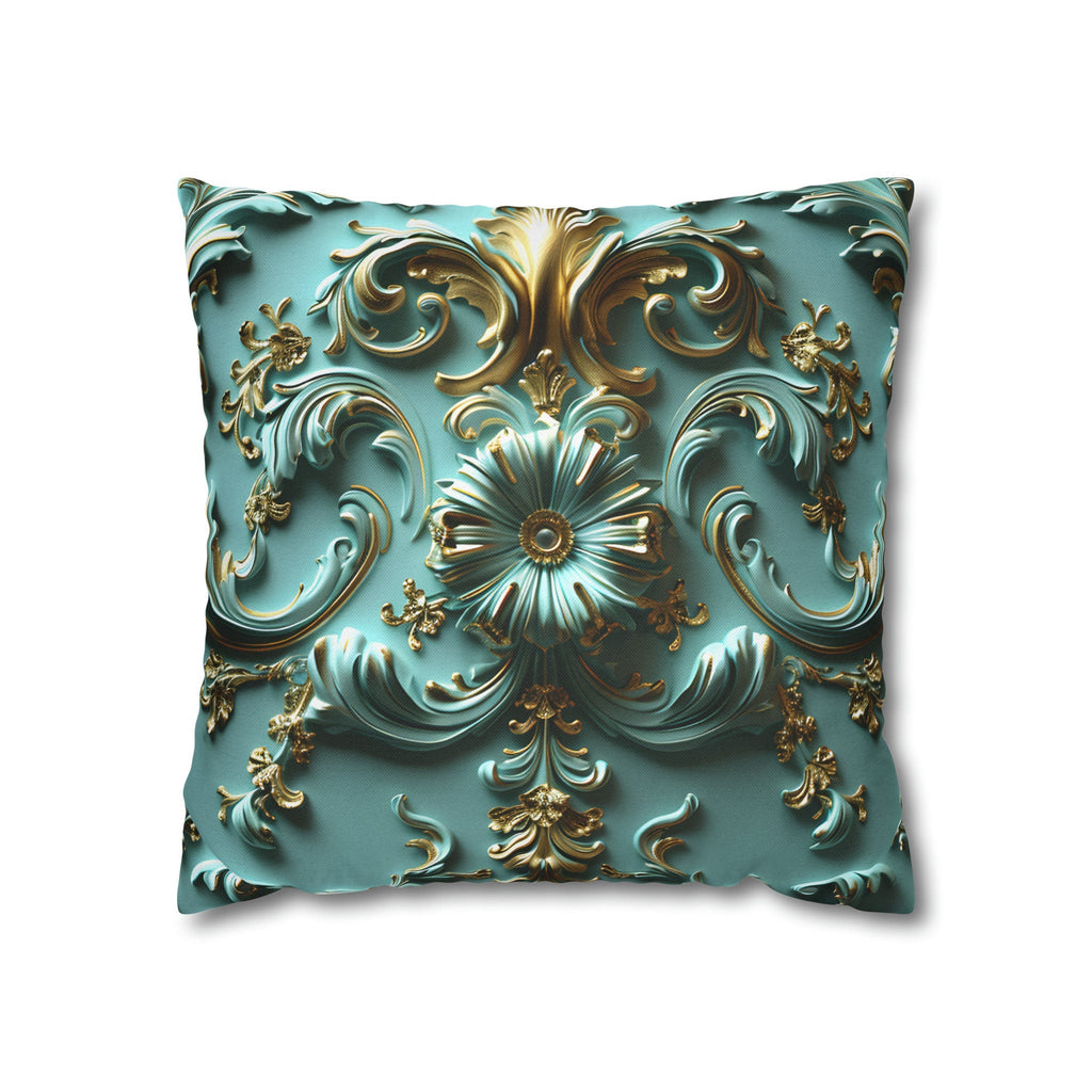 Luxurious Baroque Teal & Gold Floral Throw Pillow Cover | Elegant Scrollwork Design for Dramatic Decor