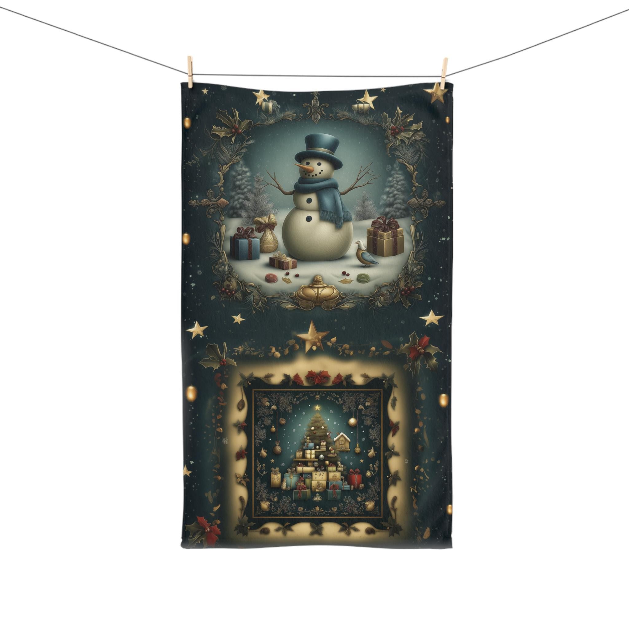 Nostalgia Christmas Tea Towel: Vintage Style Snowman & Holiday Tree Kitchen Decor