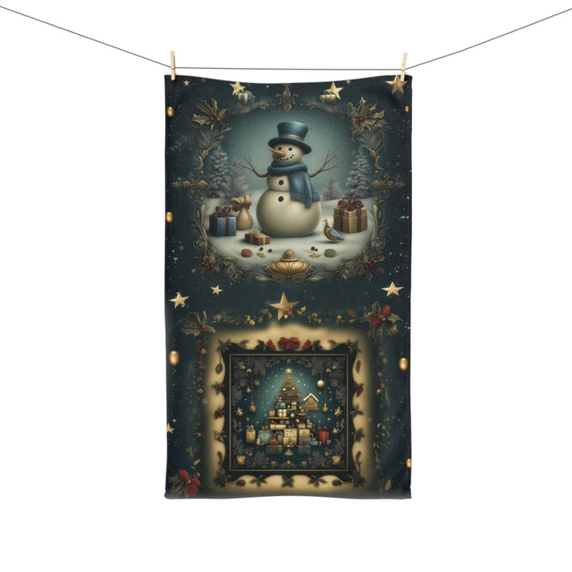 Nostalgia Christmas Hand Towel: Vintage Style Snowman & Holiday Tree Kitchen Decor