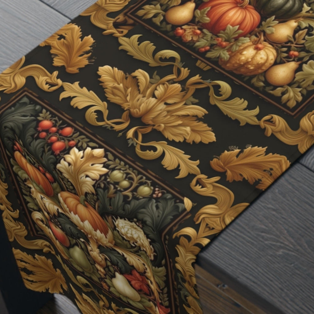 William Morris Inspired Fall Table Runner: Vintage Harvest Tapestry in Deep Brown, Gold, & Rust
