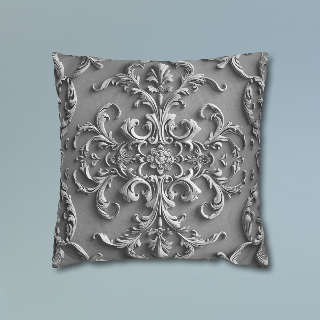 Elegant Silver Grey Baroque Floral Pillow Cover - Monochromatic Symmetrical Design for Classic Decor