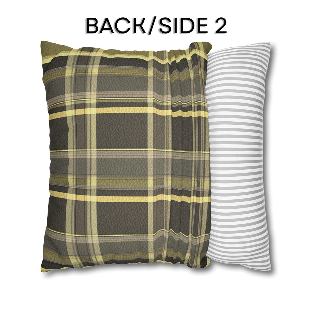 Vegan Faux Suede Material Printed Pillow Cover: Modern Olive & Golden Yellow Plaid Soft Leather-Look