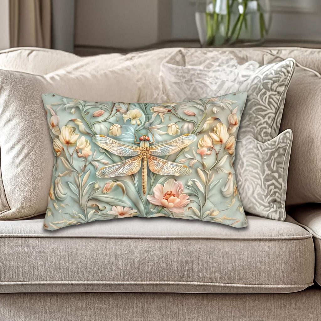William Morris Inspired Dragonfly Lumbar Pillow: Blue, Gold & Pink Nature Design