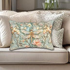 William Morris Inspired Dragonfly Lumbar Pillow: Blue, Gold & Pink Nature Design