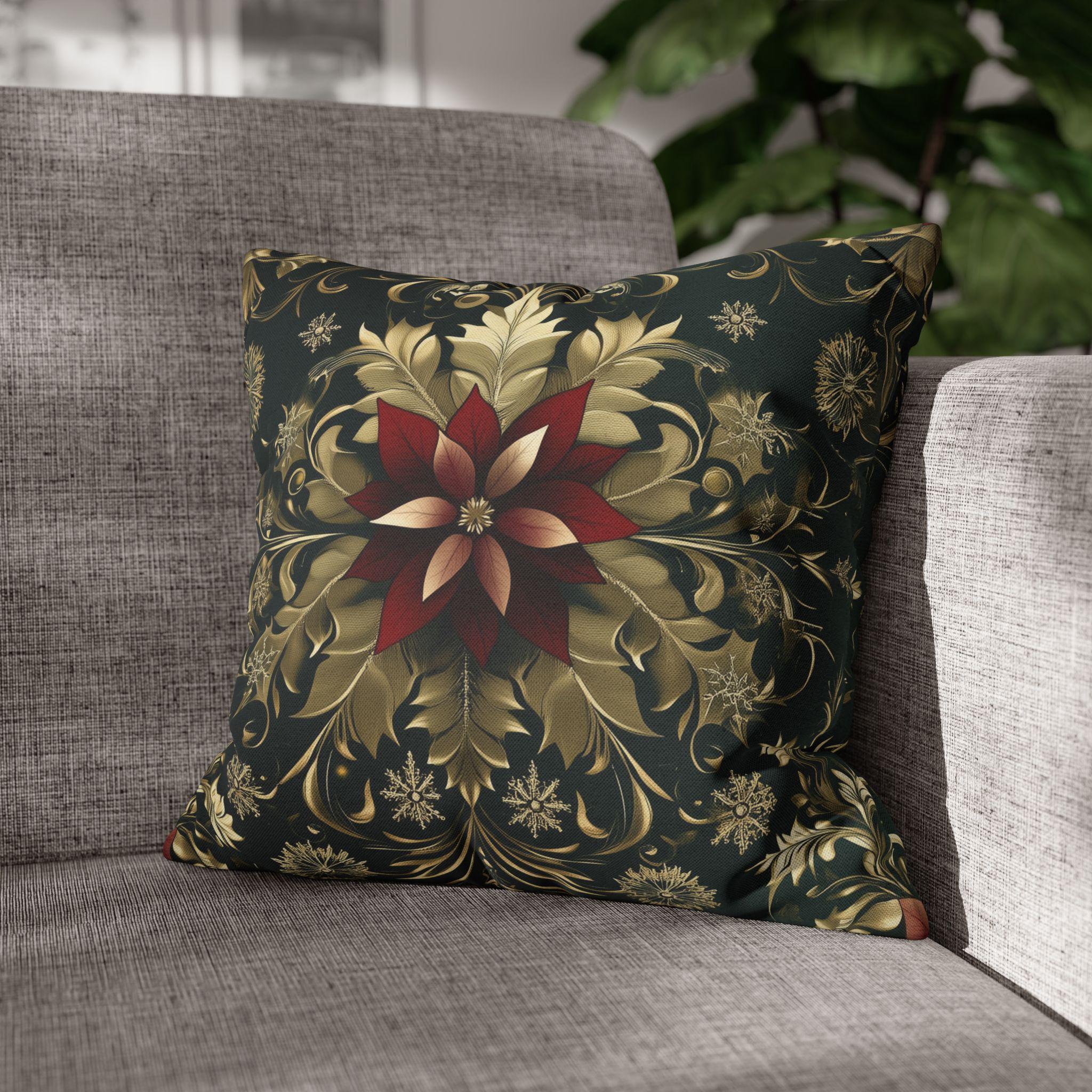 Poinsettia Pillowcase: Festive Holiday Floral, Red and Gold Winter Accent
