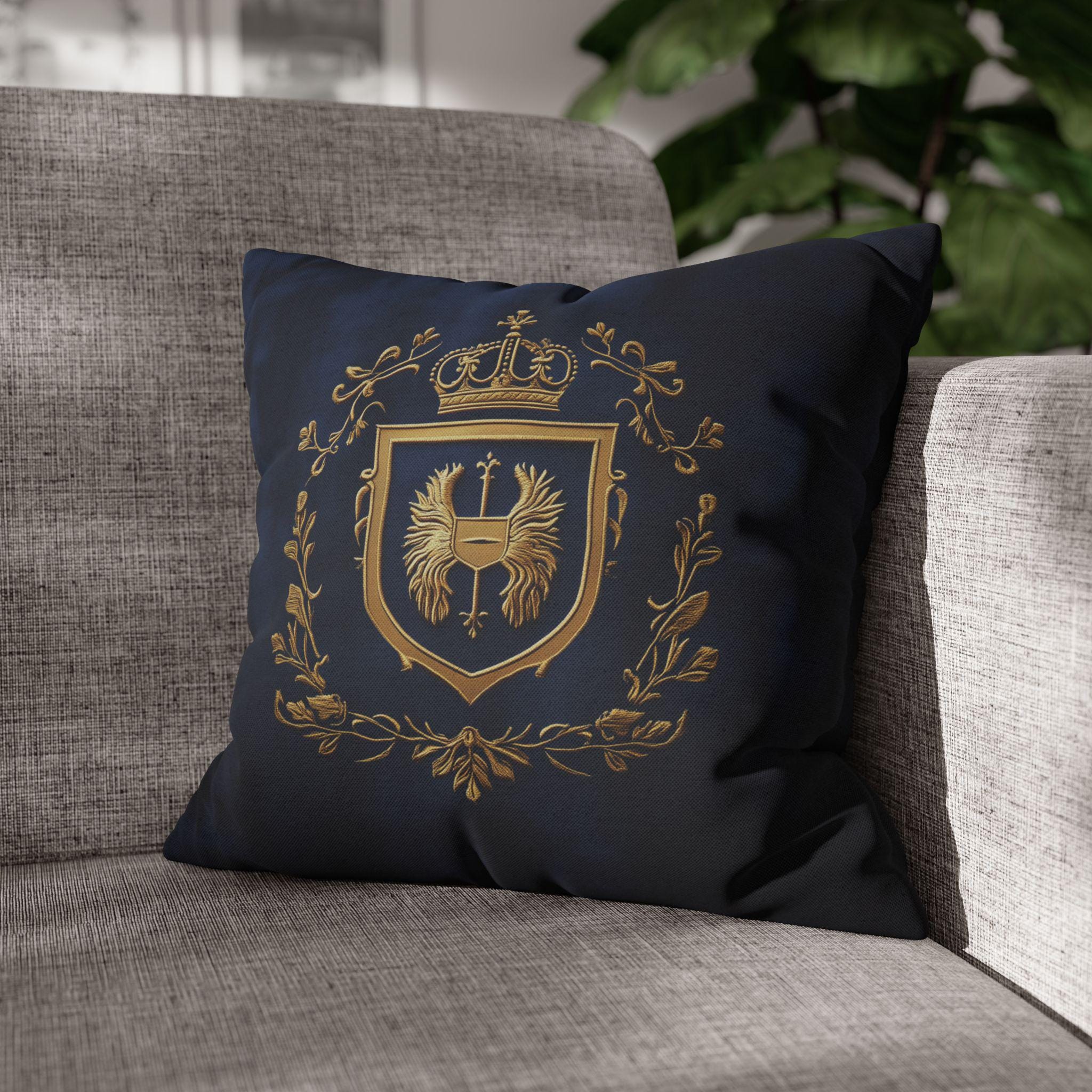 Regal Golden Emblem Navy Blue Pillow Cover: Elegant Home Decor