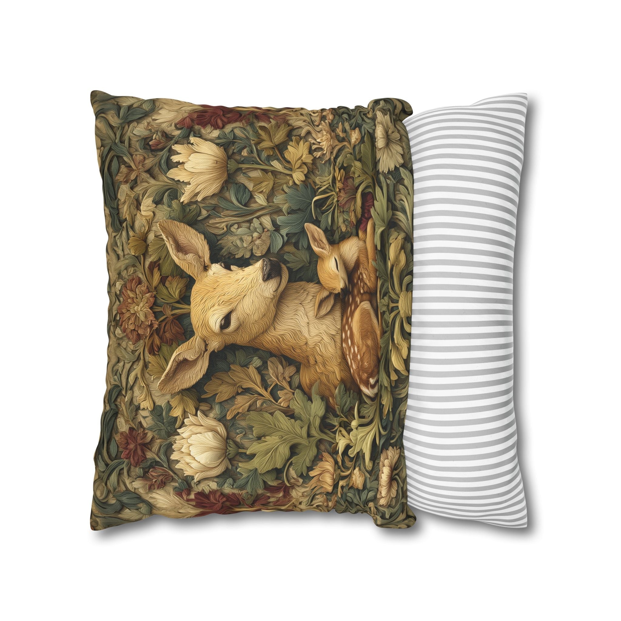 William Morris Inspired Pillow Cover:   Woodland Botanical Doe and Fawn