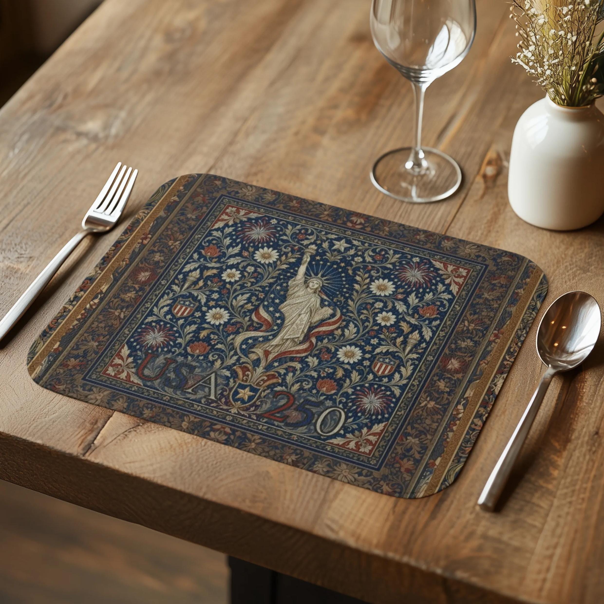Patriotic Floral Tapestry Leather Placemat: USA 250 Keepsake Decor