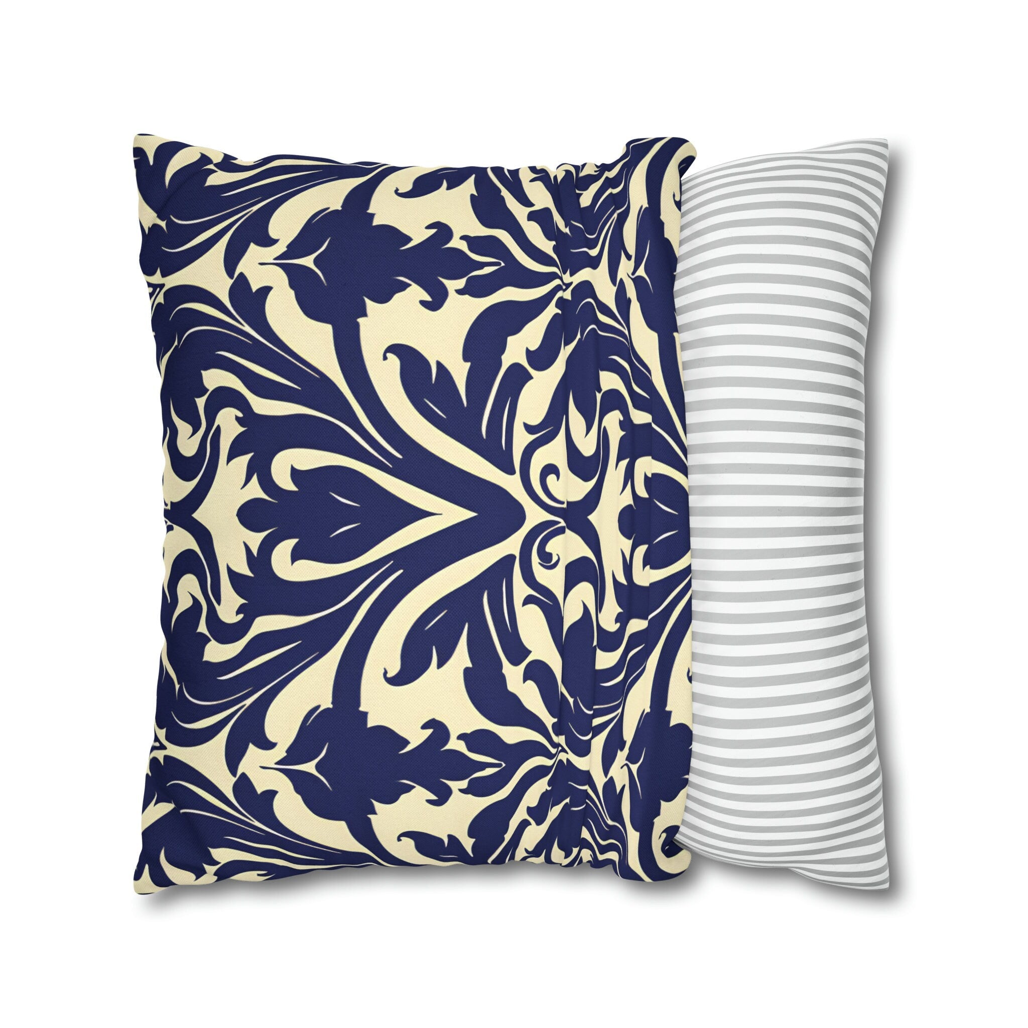 Art Nouveau Floral Pillow Cover, Deep Blue on Off-White
