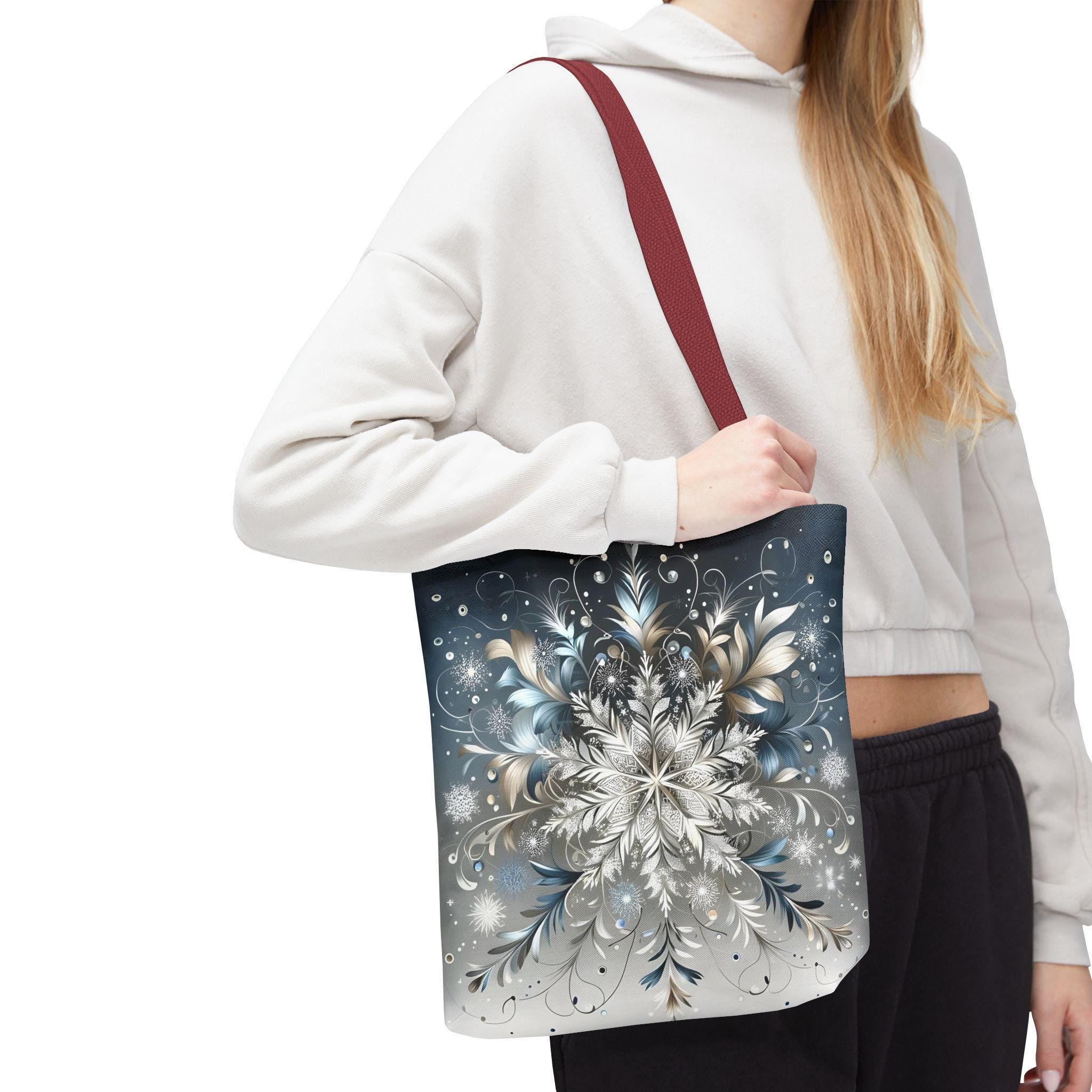 Elegant Snowflake Tote Bag, Silver & Blue Polyester Canvas