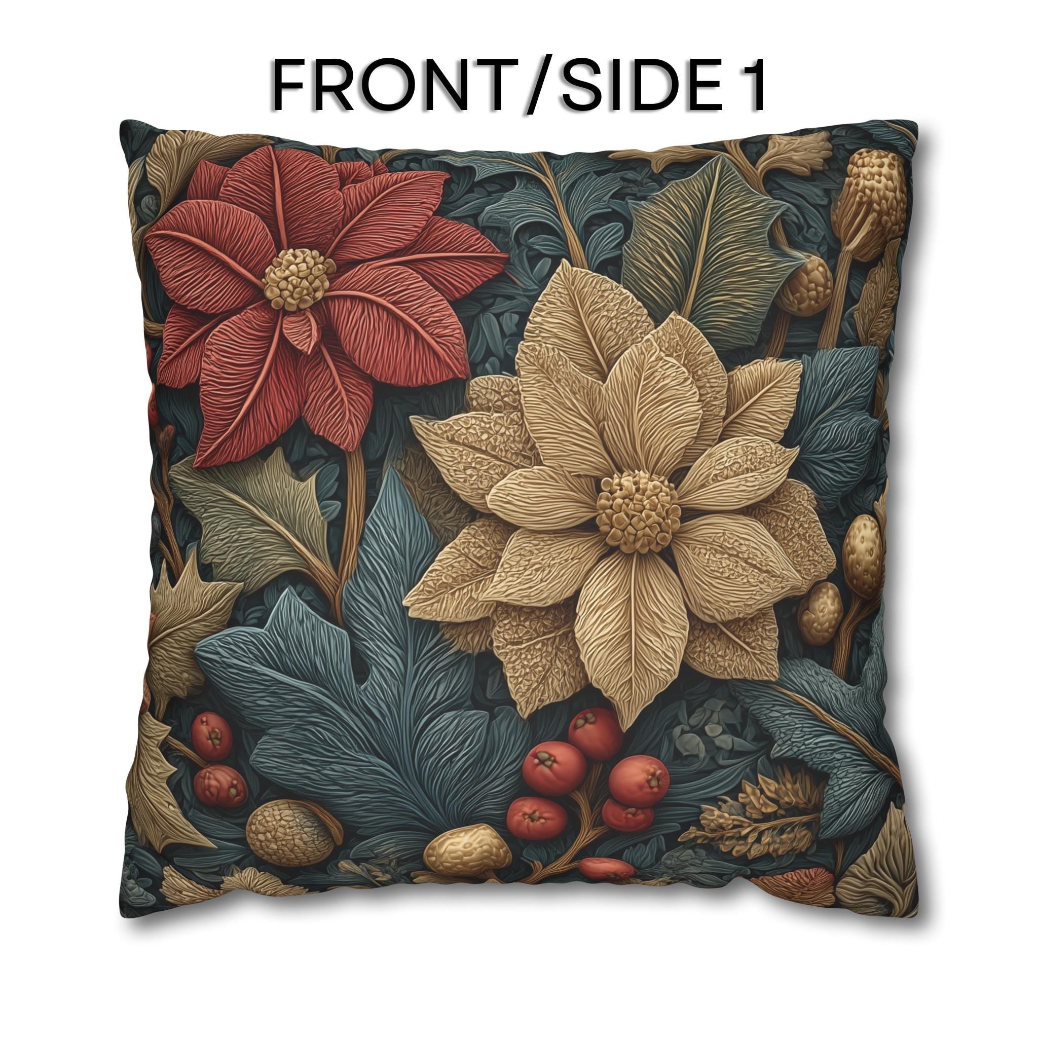 William Morris Christmas Pillow Cover: Wine and Taupe Poinsettia Woodland Illustration Euro Sizes