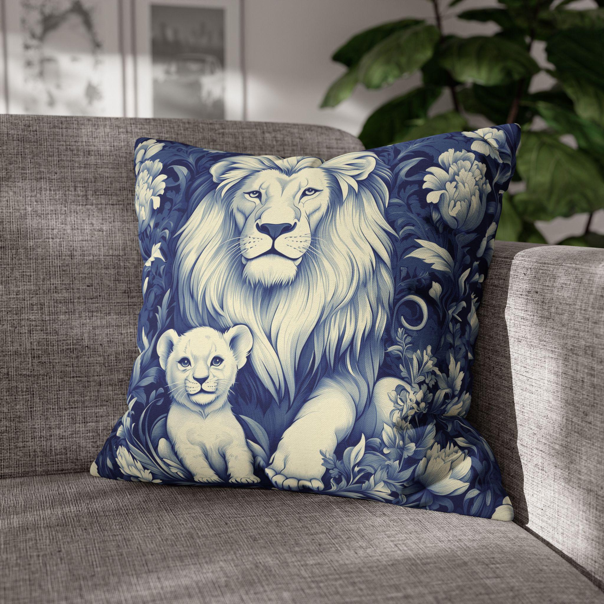 William Morris Inspired Lion Pillow Cover: Blue & White Floral Jungle Motif Decorative Cushion Case