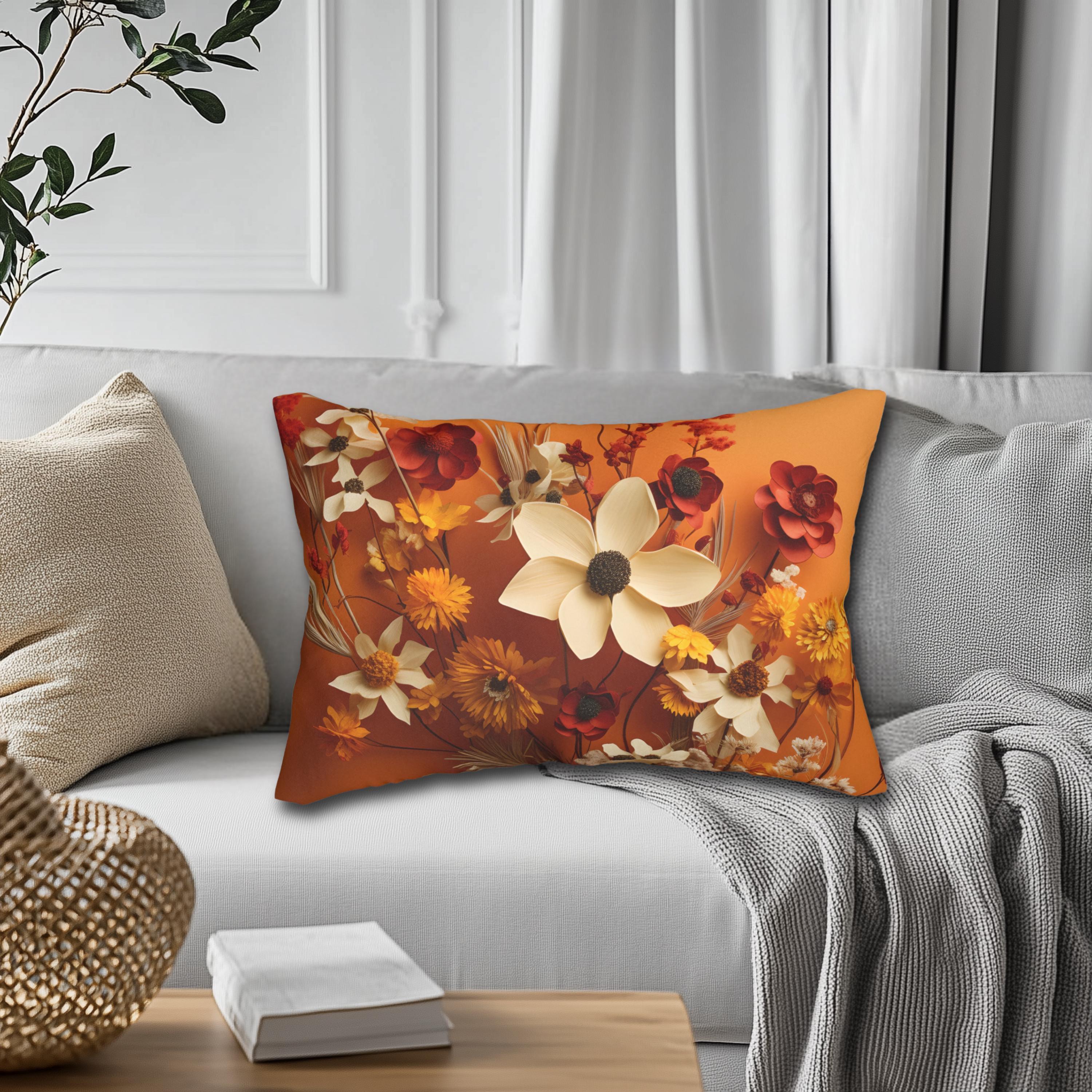 Autumn Wildflower Lumbar Throw Pillow - Rusty Orange Floral Decorative Cushion for Fall Home Decor