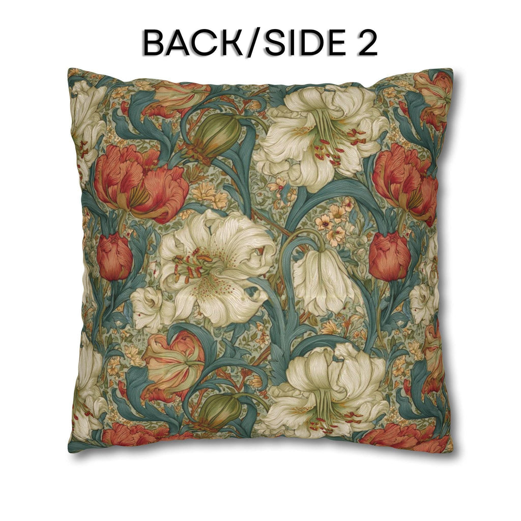 William Morris Style Pillow Cover: Ivory and Coral Lilies on a Celadon Background