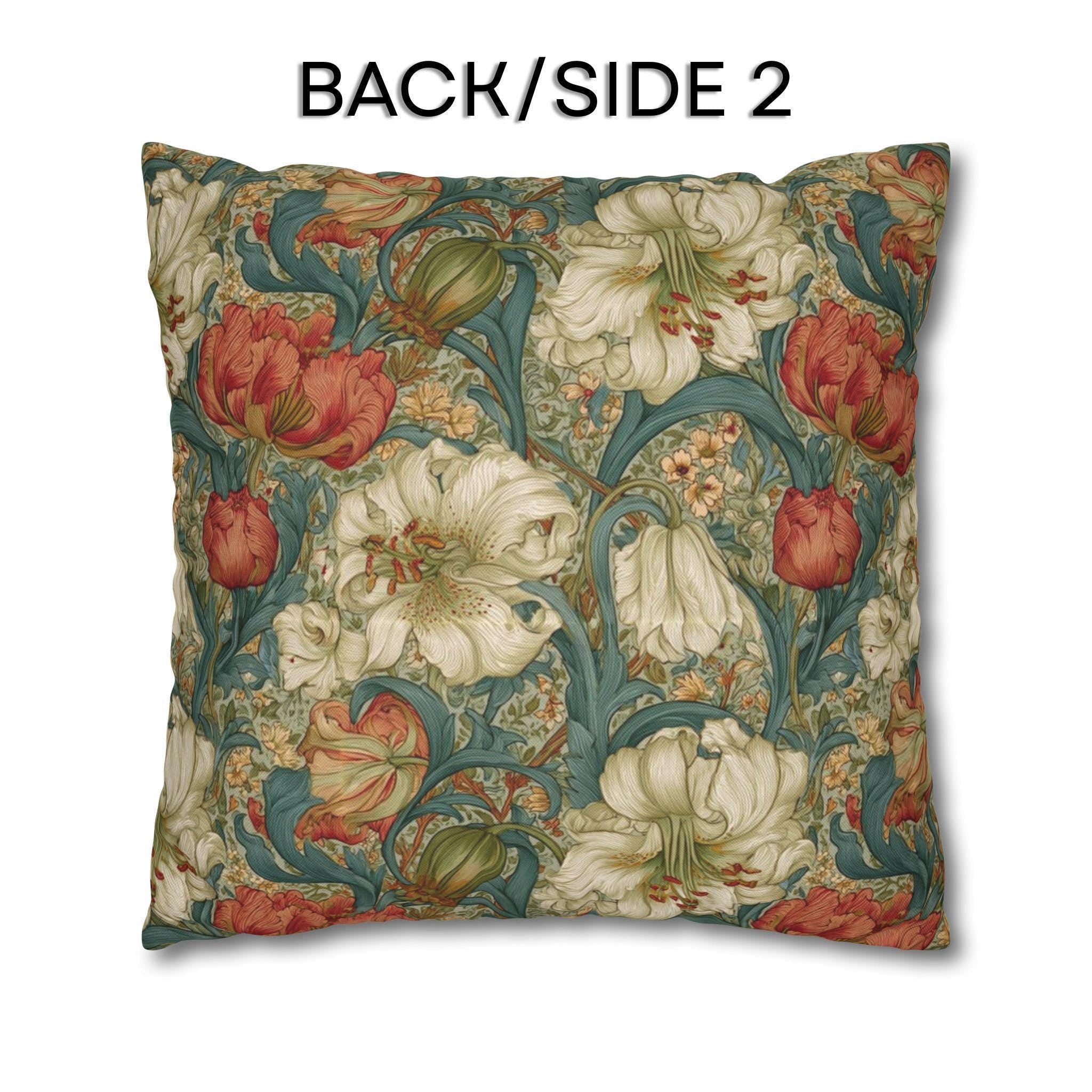 William Morris Style Pillow Cover: Ivory and Coral Lilies on a Celadon Background