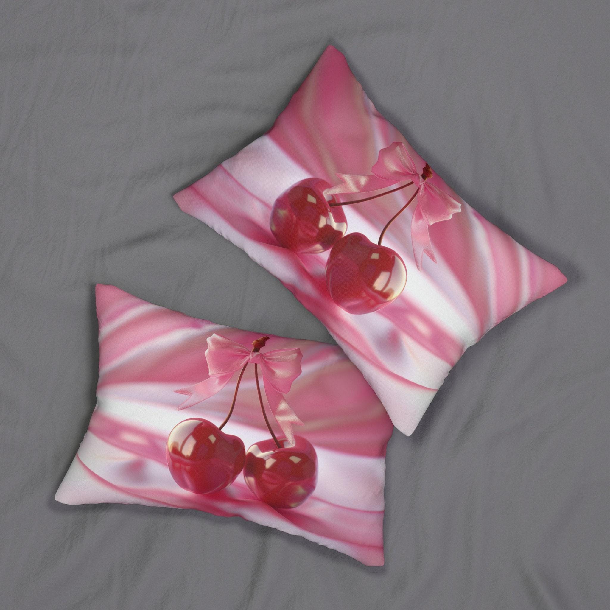 Coquette Lumbar Pillow: Pink Cherries and Bow Cushion
