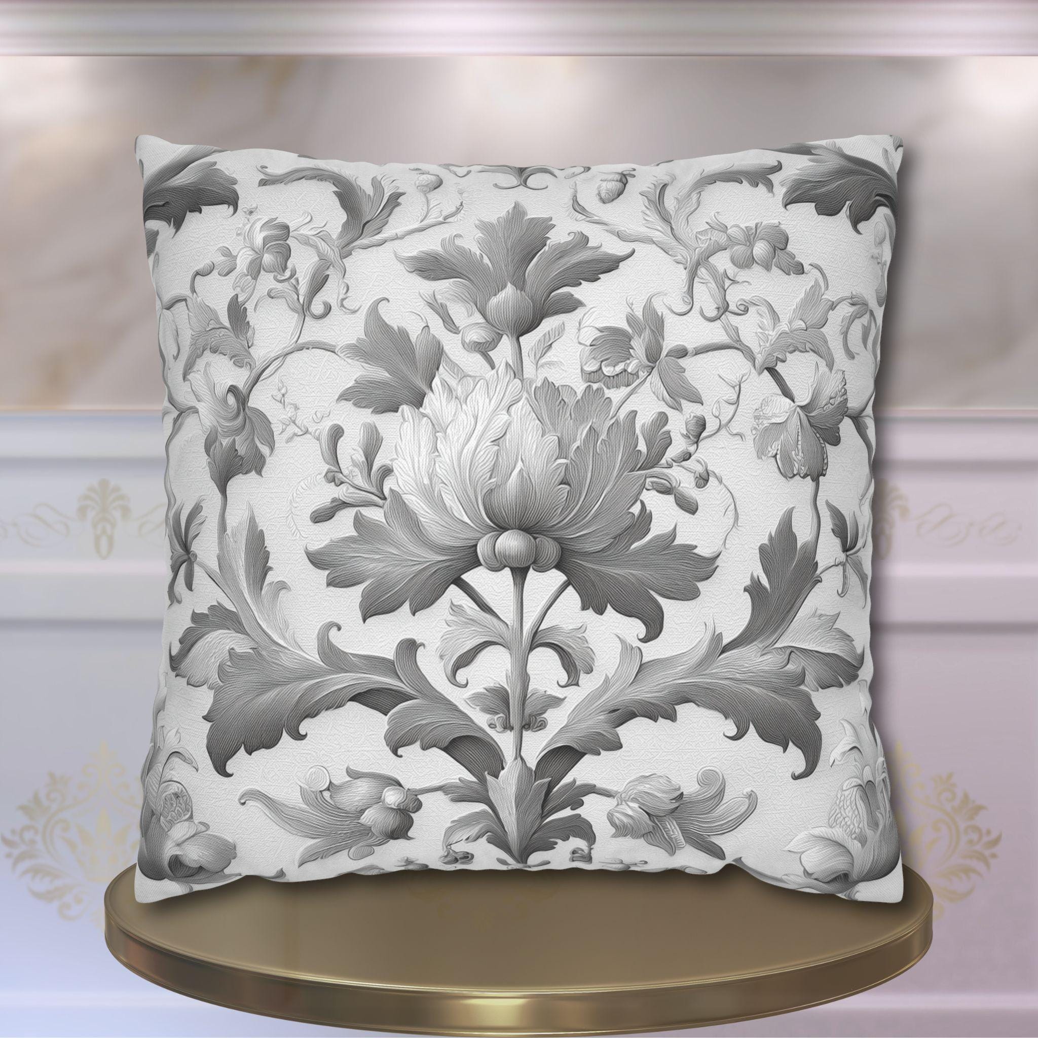 Jacobean Floral Pillow Cover: Gray & White Vintage Decor