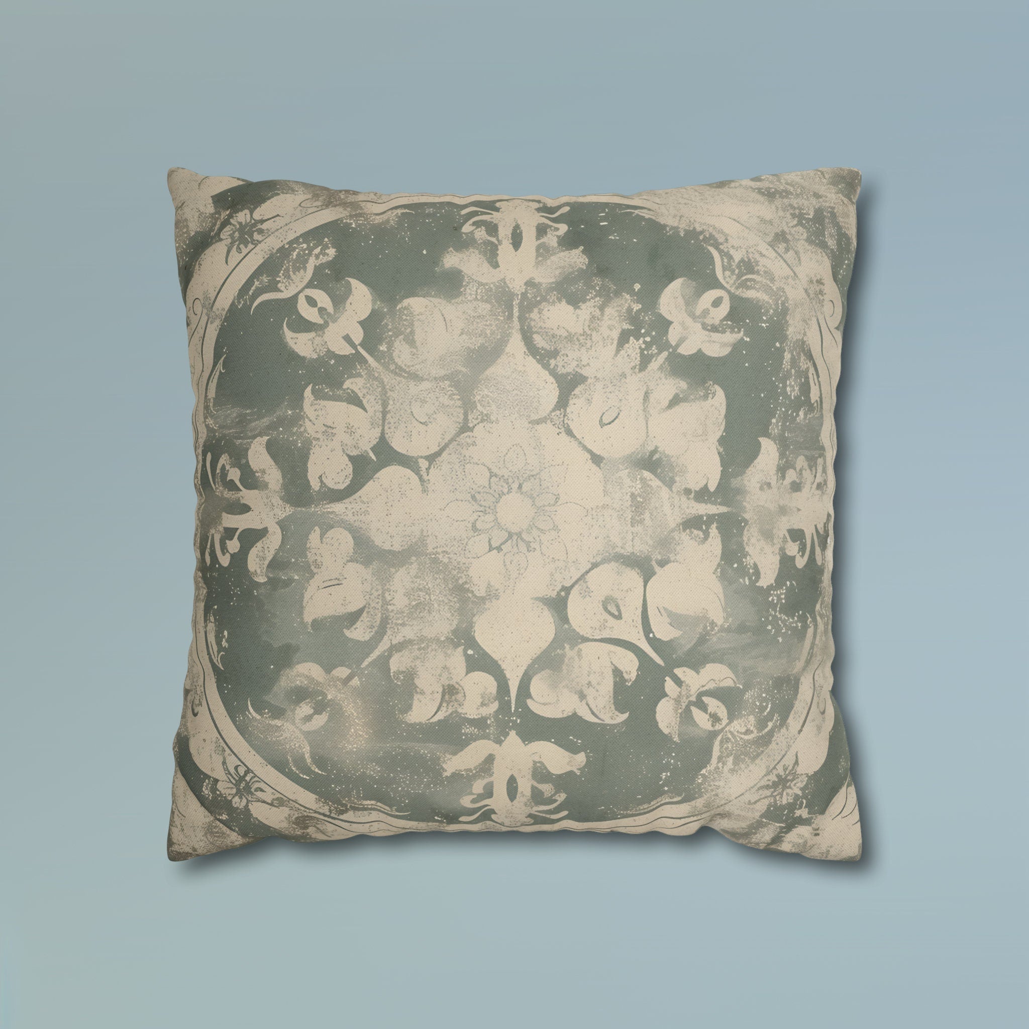 Vintage-Inspired French Farmhouse Pillow Cover: Faded Symmetrical Design in Sage & Off-White