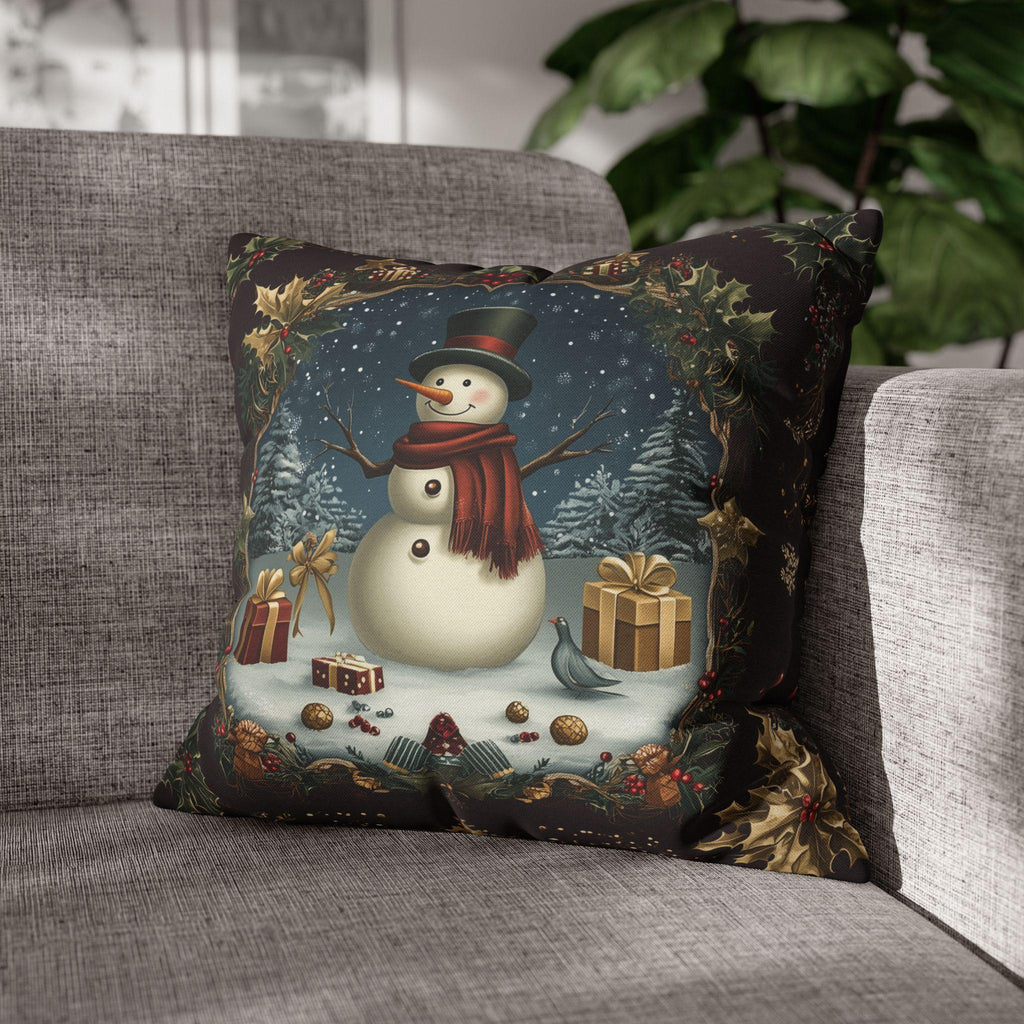 Vintage Style Holiday Pillow Cover: Burgundy and Gold Christmas Snowman Design