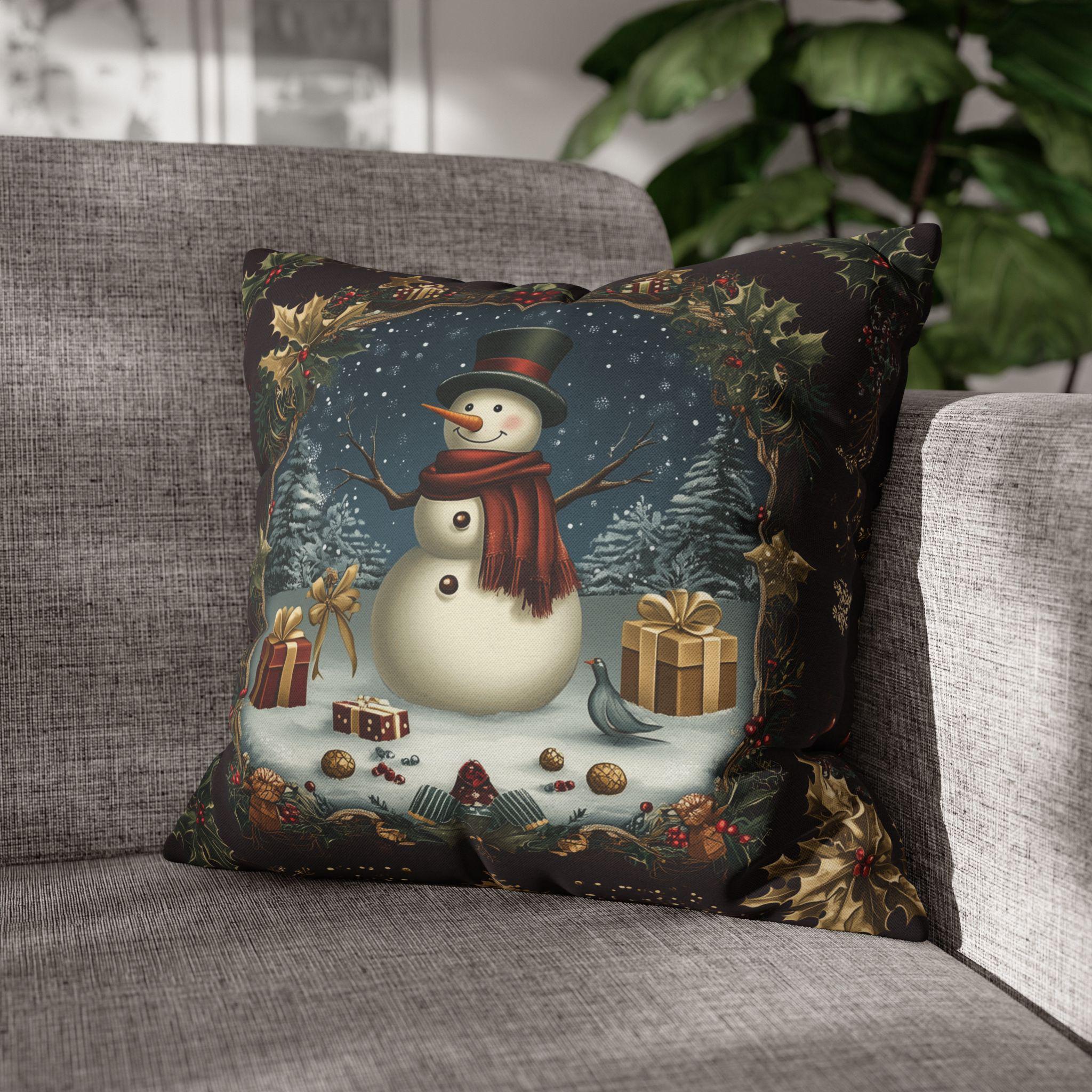Vintage Style Holiday Pillow Cover: Burgundy and Gold Christmas Snowman Design