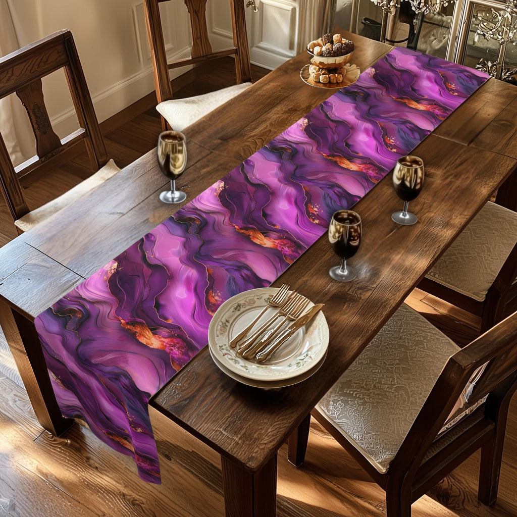 Abstract Plum Table Runner: Waves of Amethyst with Copper Fire Colored Accents