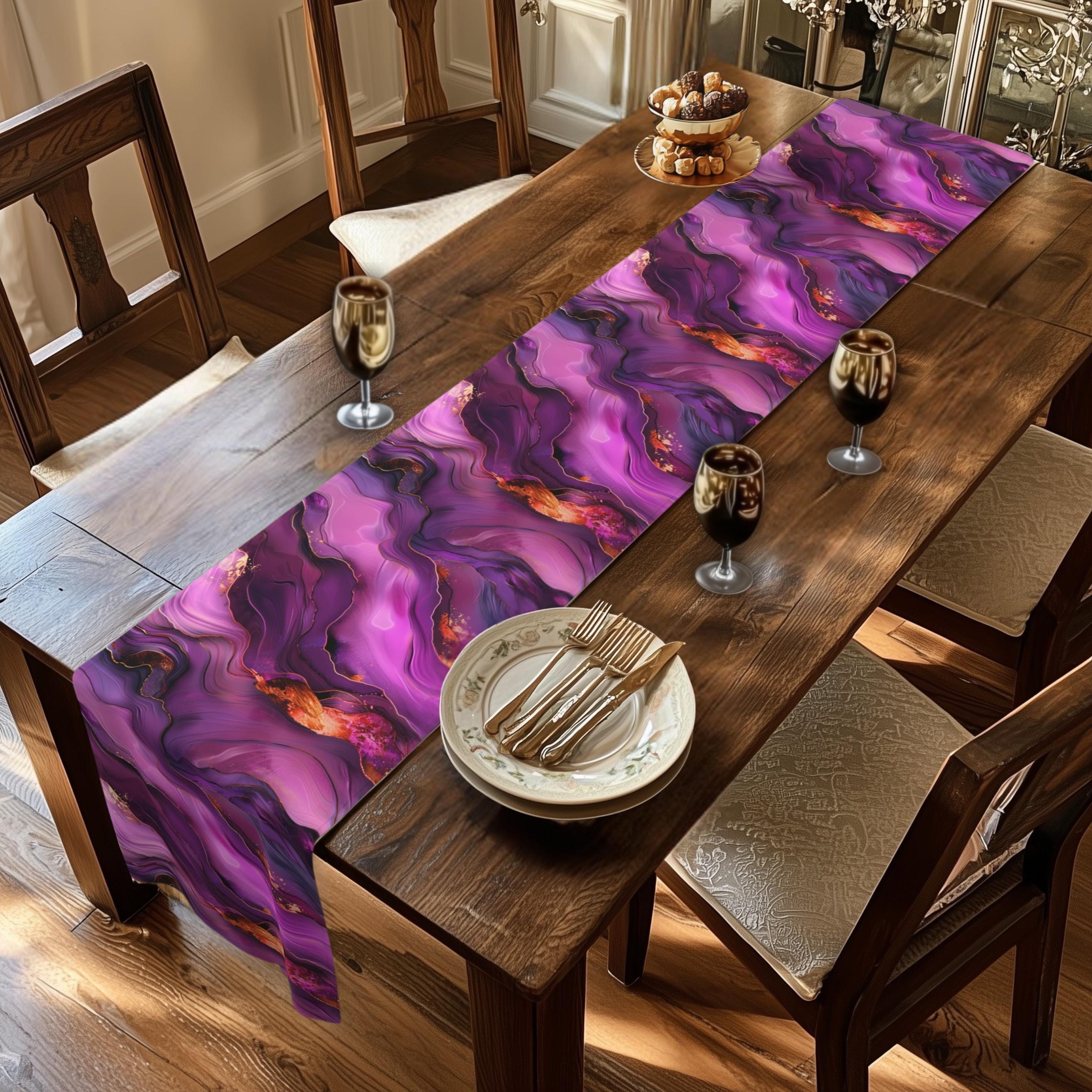 Abstract Plum Table Runner: Waves of Amethyst with Copper Fire Colored Accents