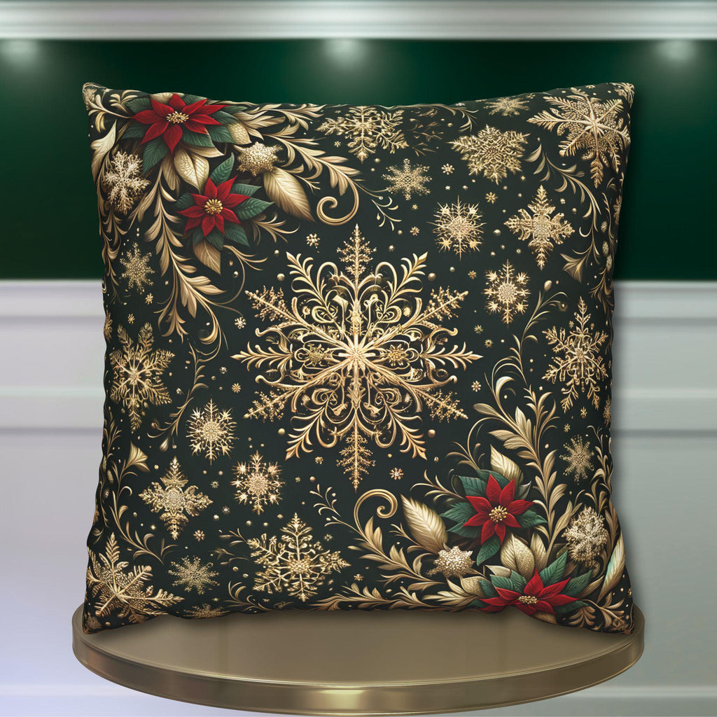 Elegant Emerald Poinsettia & Snowflake Euro Sham: Festive Holiday Pillow Cover (24x24, 26x26)