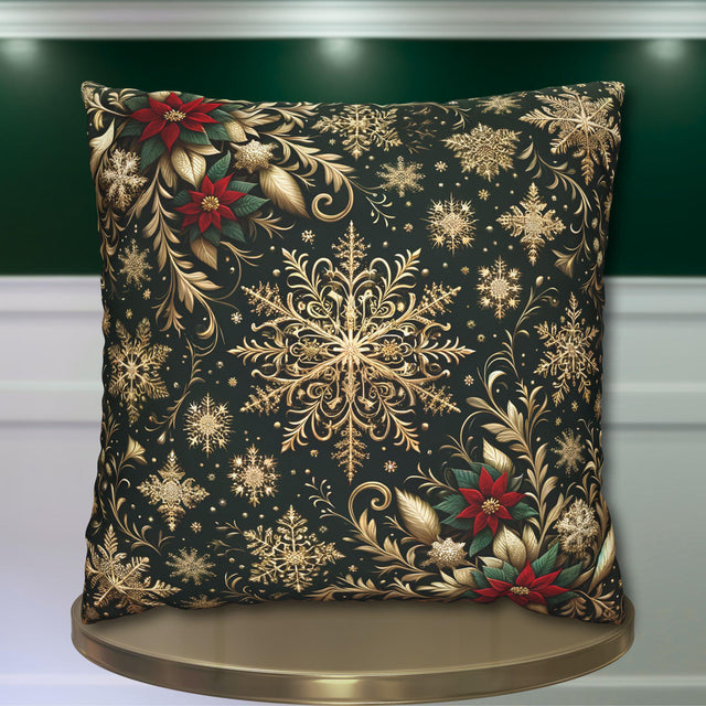 Elegant Emerald Poinsettia & Snowflake Euro Sham: Festive Holiday Pillow Cover (24x24, 26x26)