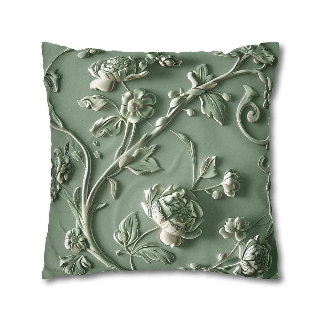Elegant Chinoiserie Floral Pillow Cover: Sage & Teal Monochromatic Sculpted Botanical Cushion Case