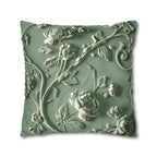 Elegant Chinoiserie Floral Pillow Cover: Sage & Teal Monochromatic Sculpted Botanical Cushion Case