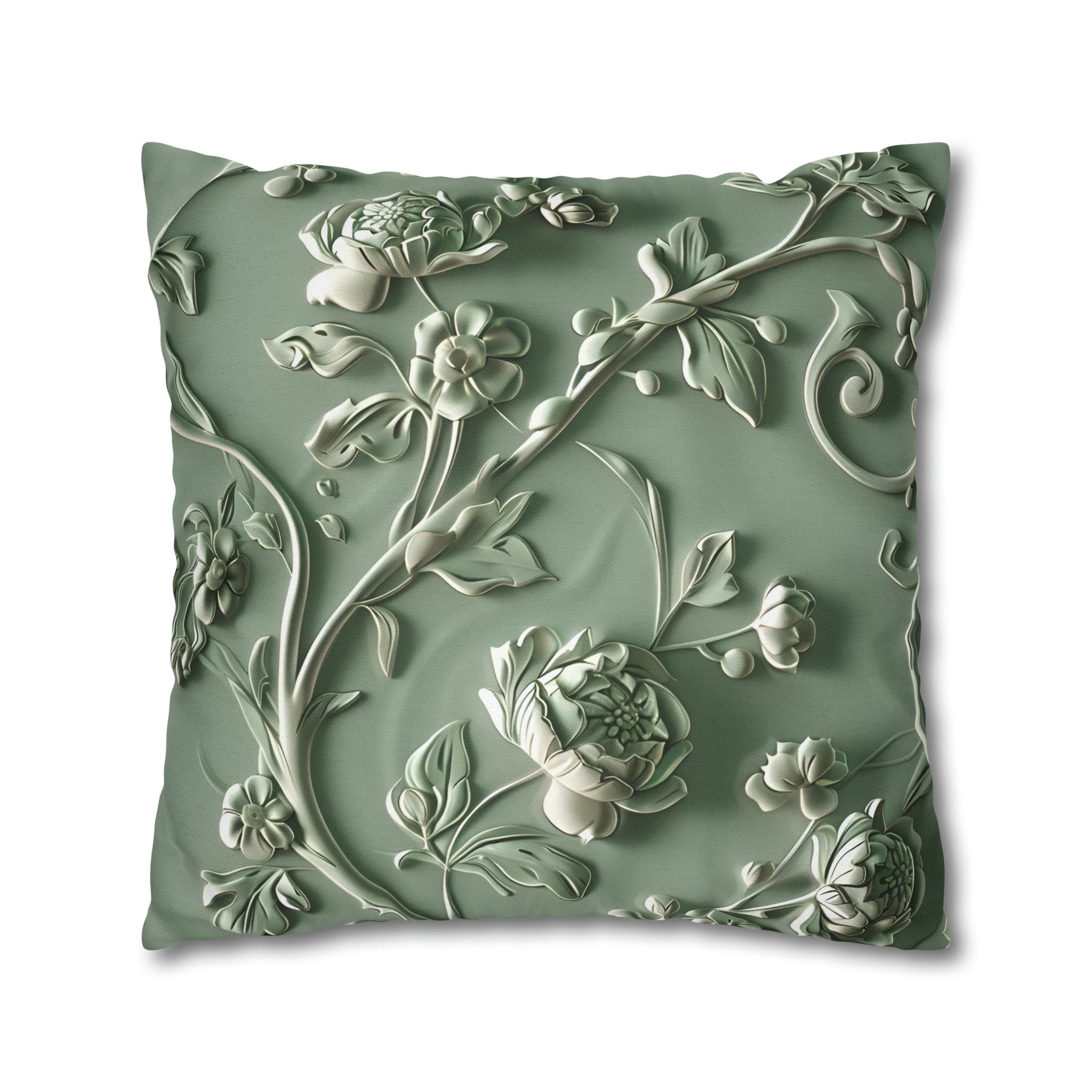 Elegant Chinoiserie Floral Pillow Cover: Sage & Teal Monochromatic Sculpted Botanical Cushion Case