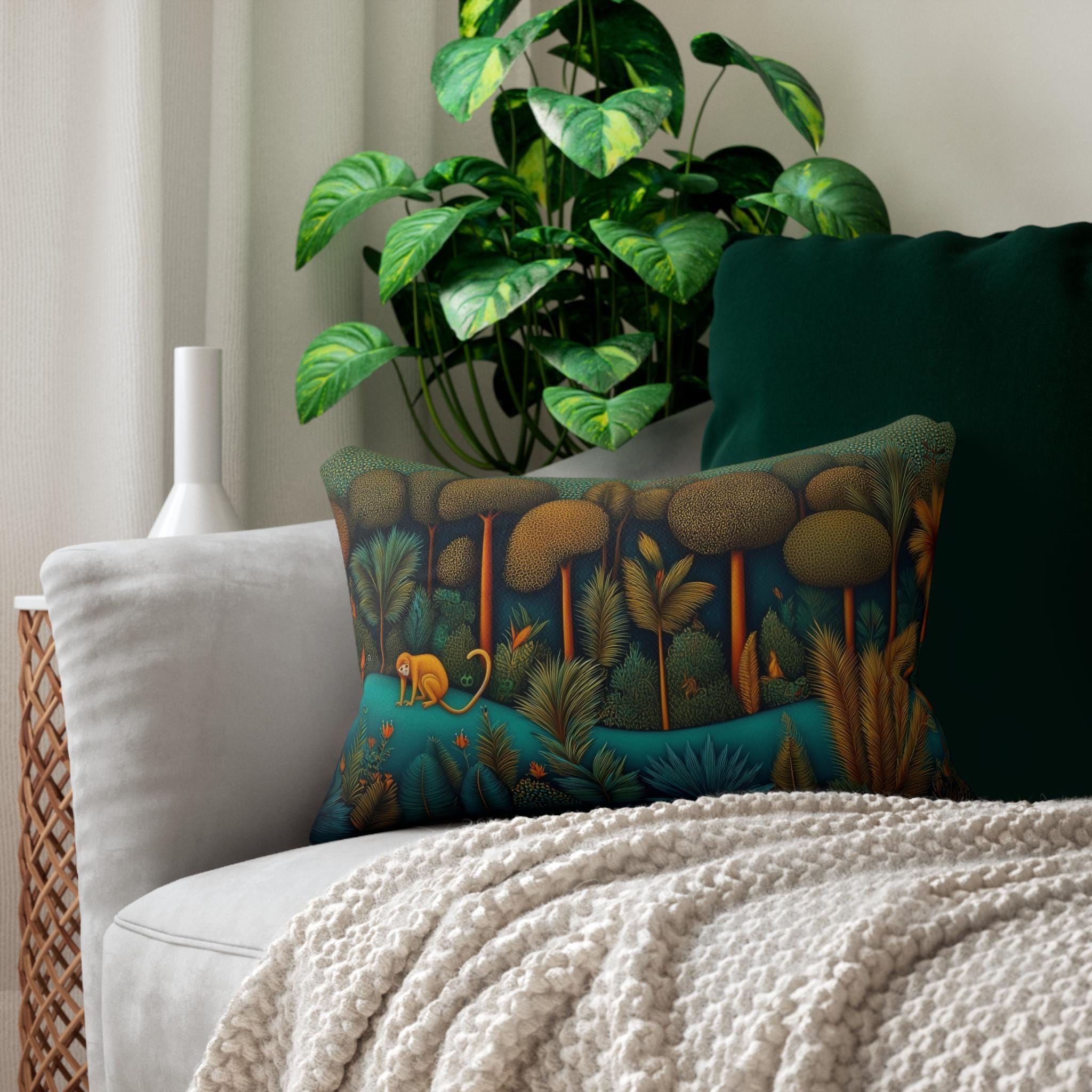 Monkey Jungle Safari Lumbar Pillow: Tropical Botanical Animal Decor
