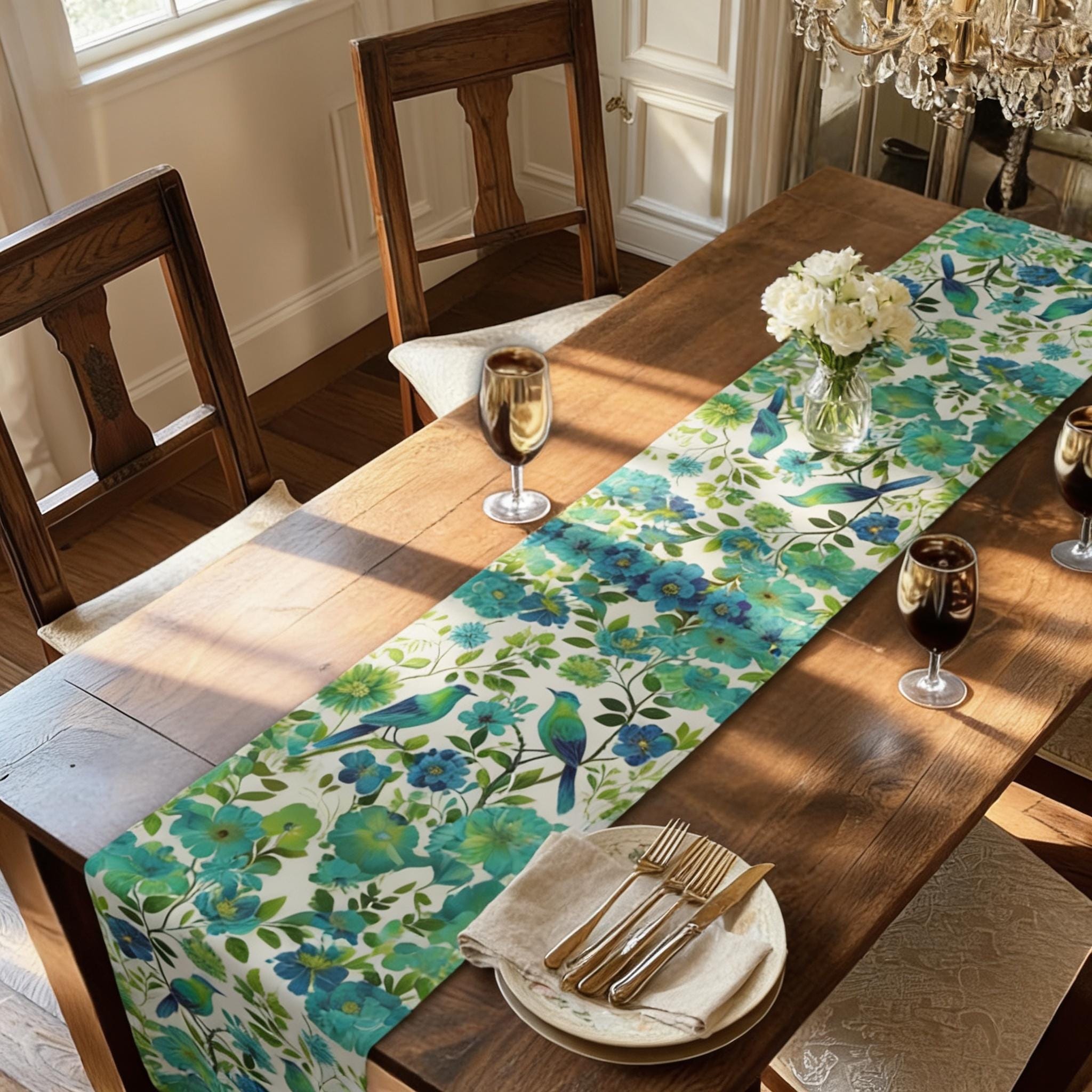 Chinoiserie Bird Table Runner: Teal Green Watercolor Floral
